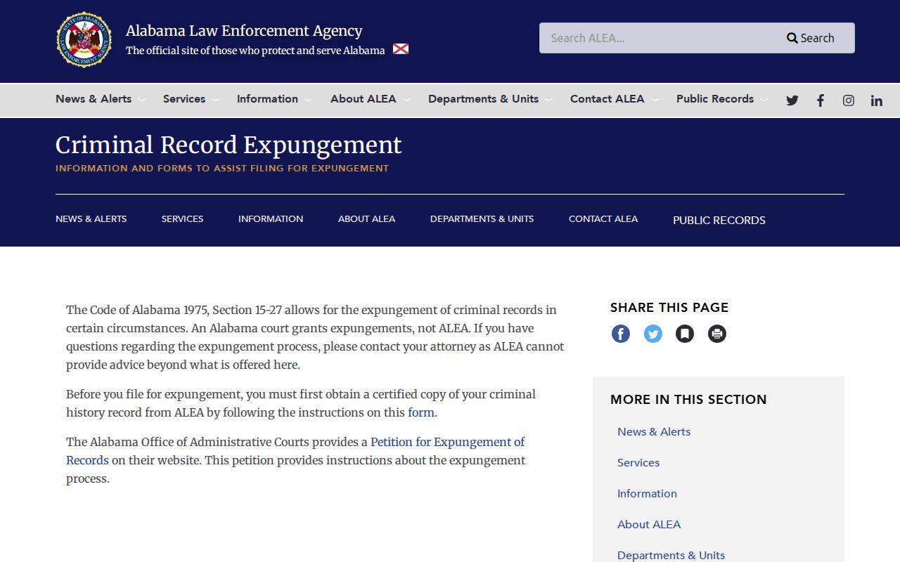 Etowah County criminal record expungement process through ALEA